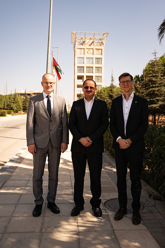 GJU President, Prof. Ala'aldeen Al-Halhouli; GJU Vice President for International Affairs, Prof. Dr. Ralf Roßkopf; and THWS Vice President, Prof. Dr. Achim Förster; joined the kick-off event.